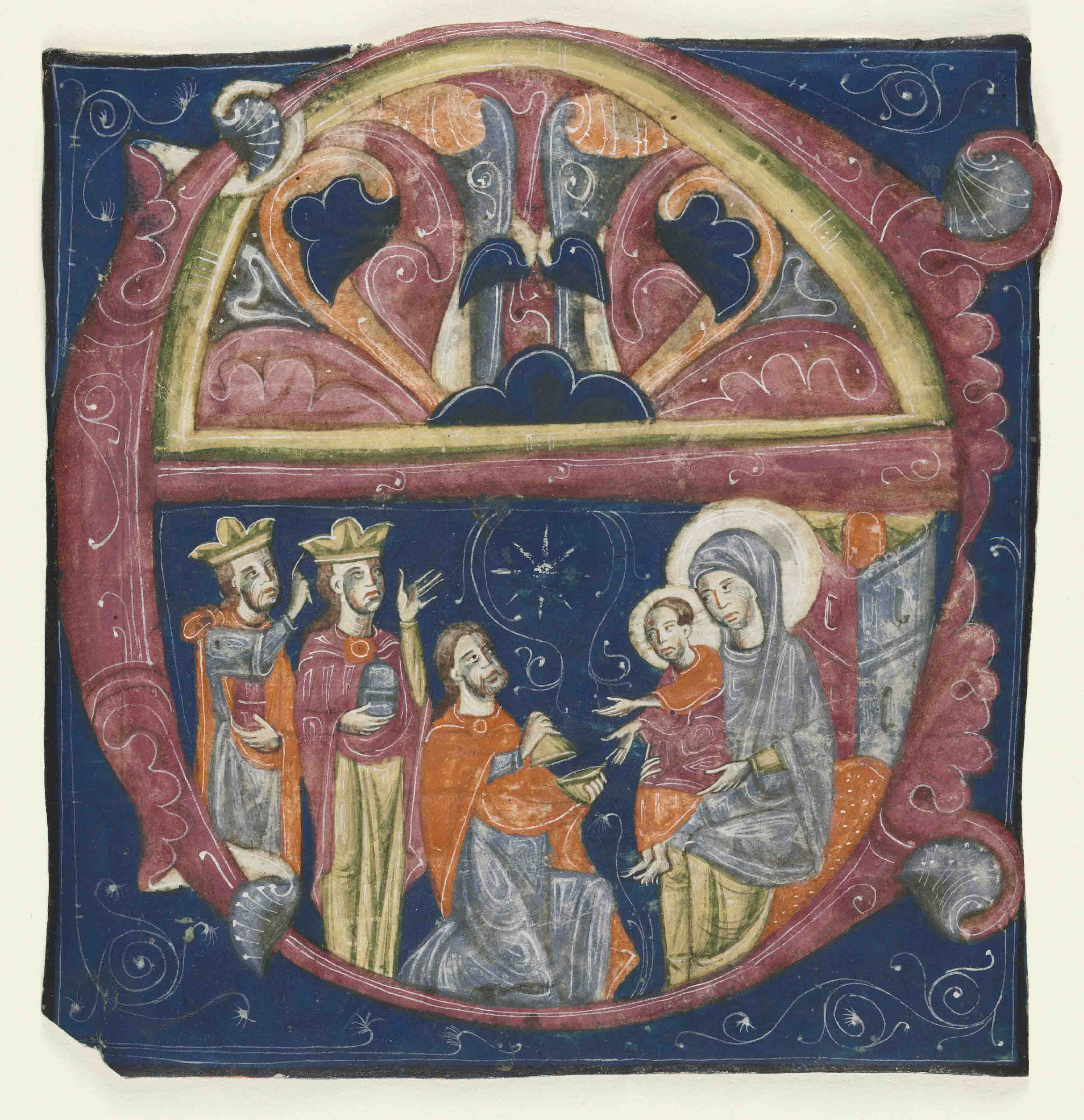 Historiated Initial (E) Excised from a Gradual: Adoration of the Magi (1200–1240 Italy, Siena) - Public Domain Catholic Painting